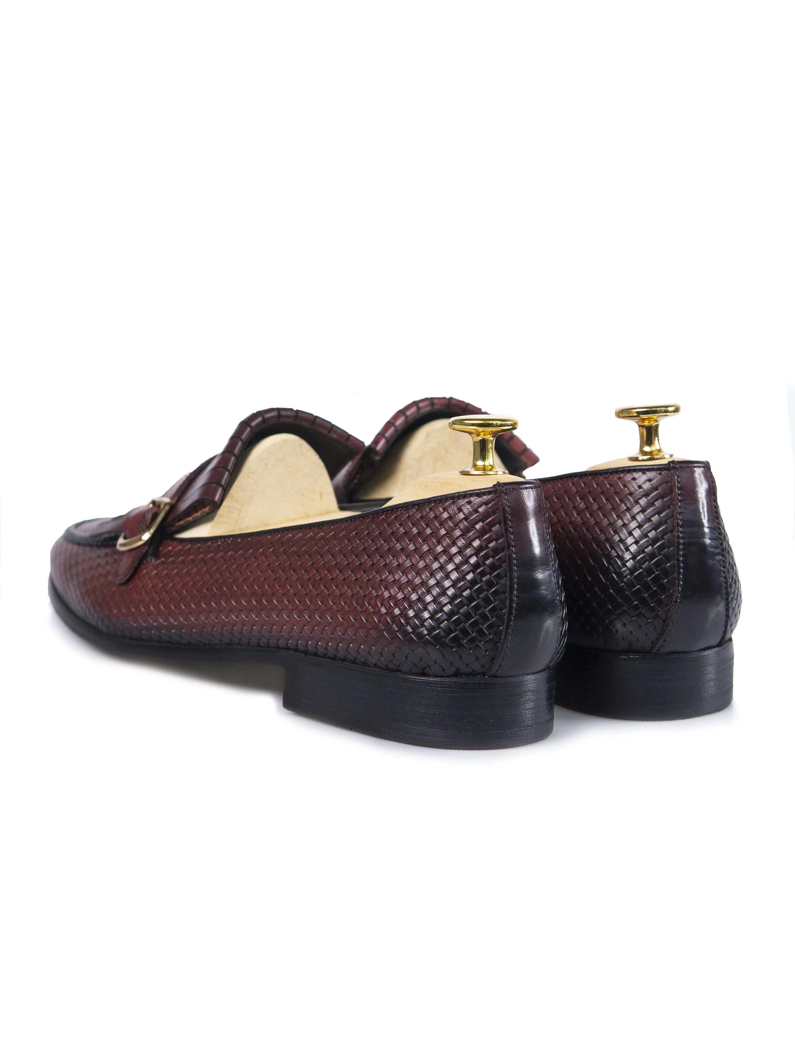 Fringe Kiltie Loafer - Red Burgundy Woven Leather with Side Buckle (Hand Painted Patina)