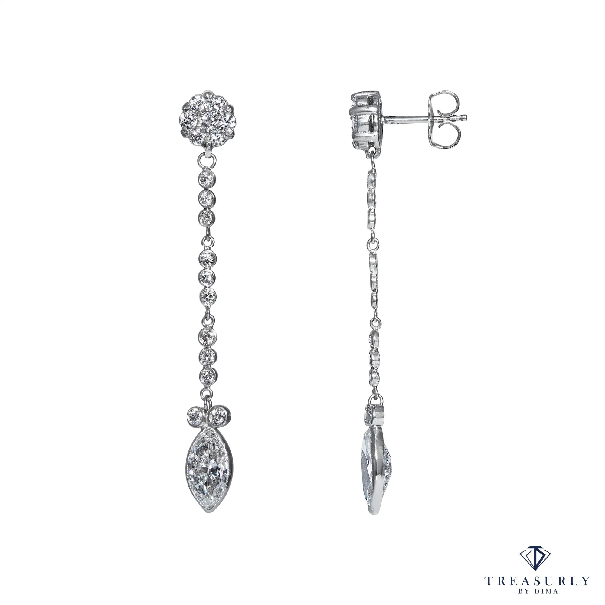 GIA 2.84ct Marquise and Round Diamond Drop Dangling 14k White Gold Earrings