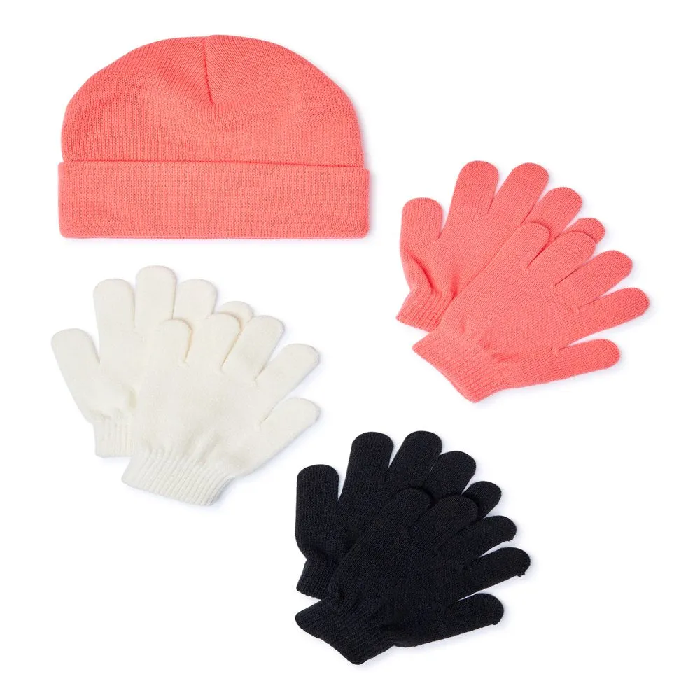 Girls 3 Pack Glove and Beanie Set, 4-Piece, OSFM