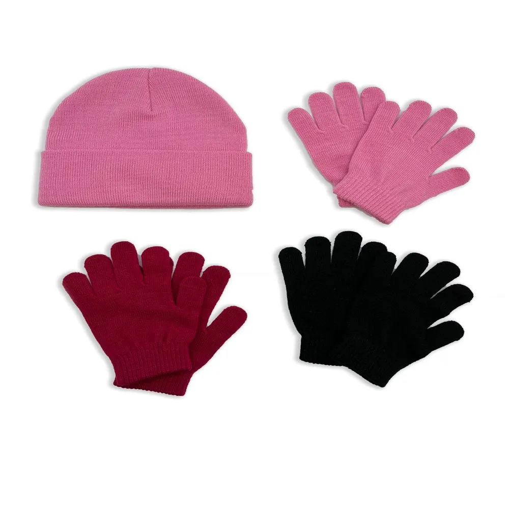 Girls 3 Pack Glove and Beanie Set, 4-Piece, OSFM