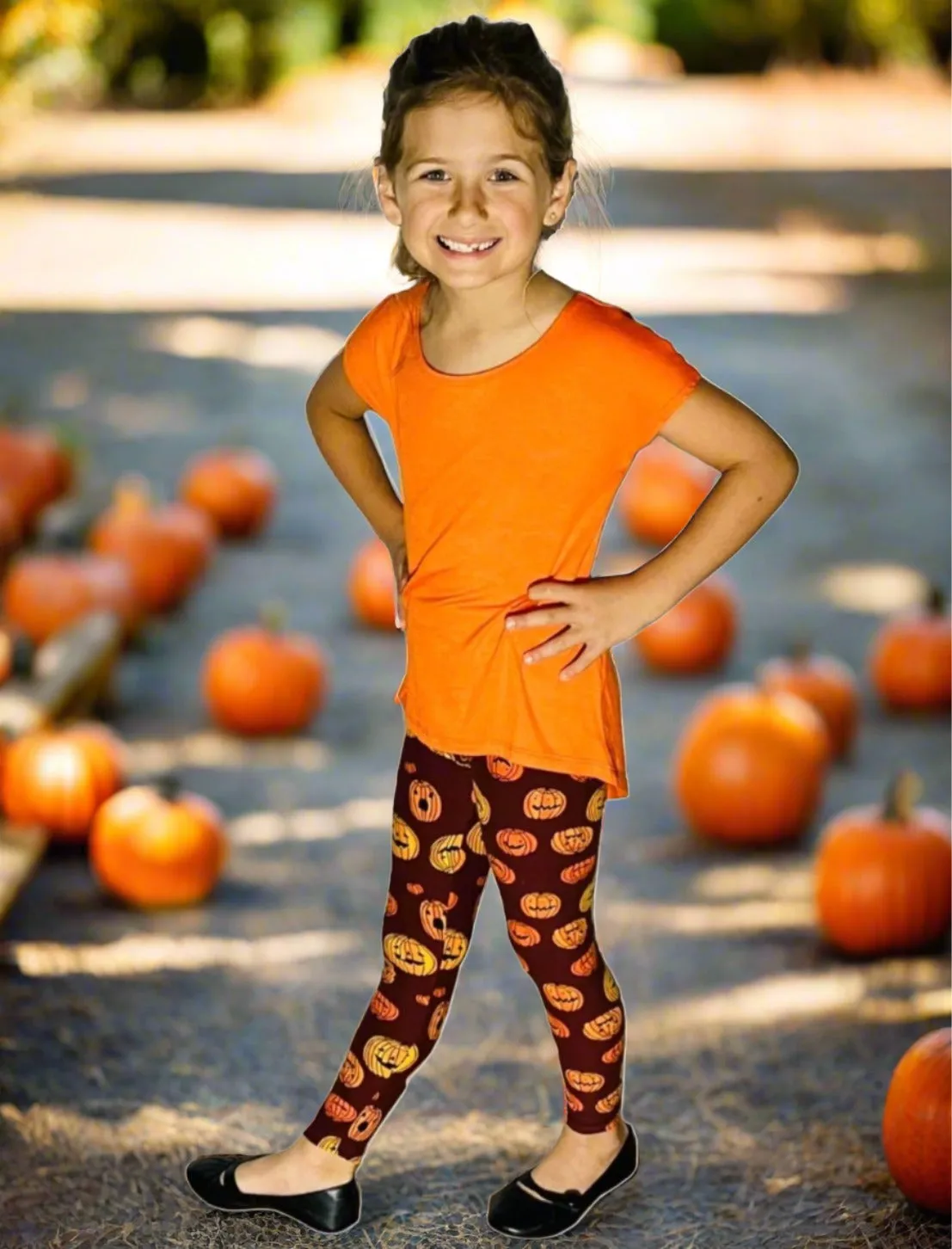 Girls Pumpkin Leggings, Kids Yoga Pants, Sizes S/L, No-Roll Waist, Orange/Black