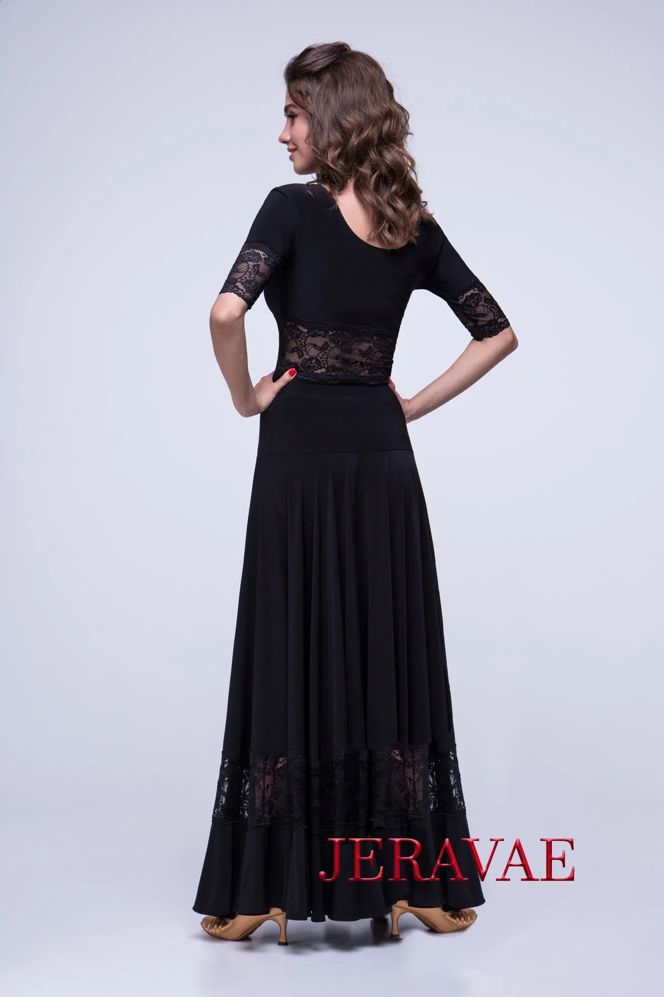 Half Length Lace Sleeve Ballroom or Latin Practice Top with Lined Lace Cutout and Round Neck PRA 562