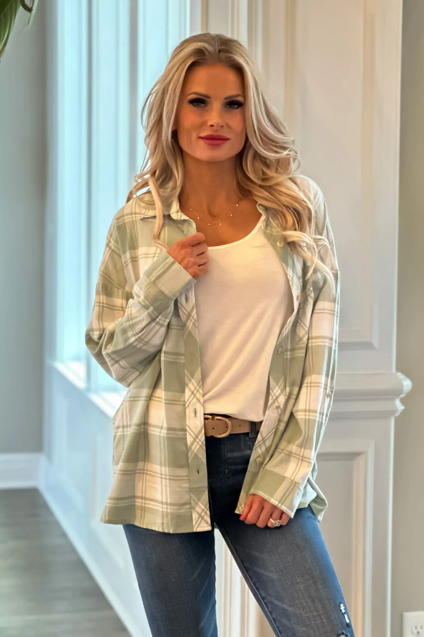 Hang On Lightweight Plaid Button Down Shirt : Lt Green/White