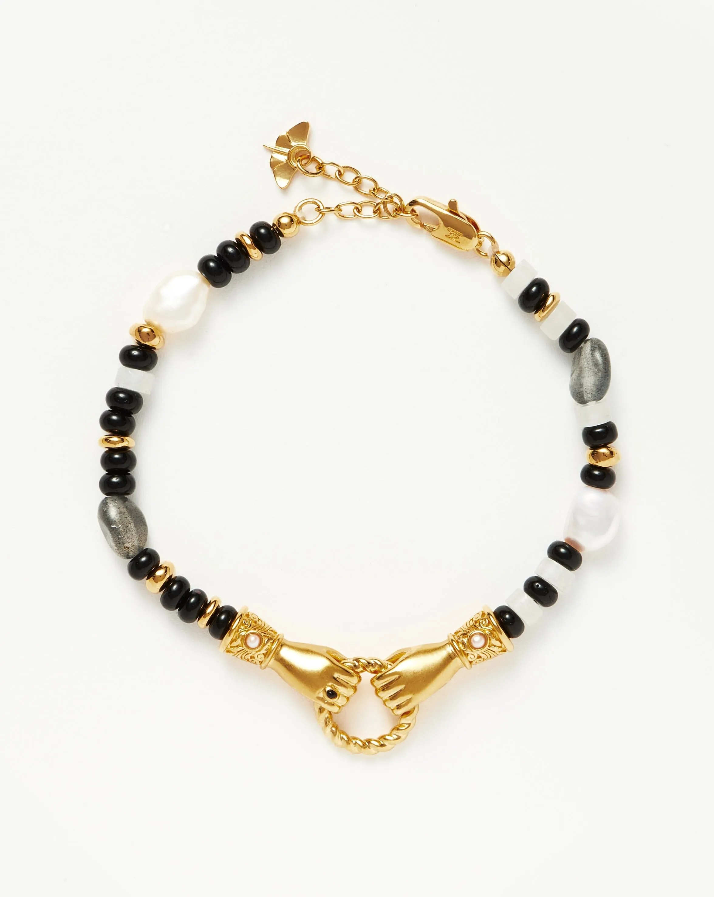 Harris Reed In Good Hands Beaded Gemstone Bracelet | 18ct Gold Plated/Black Chalcedony & Pearl