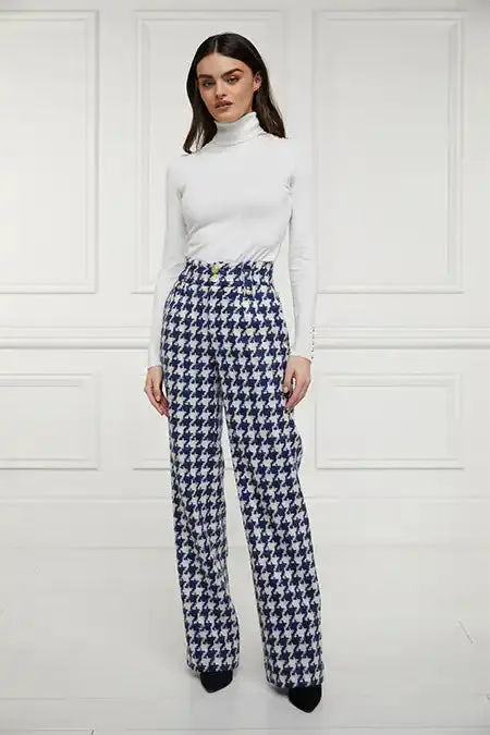 High Waisted Straight Trouser (Large Scale Navy Houndstooth)