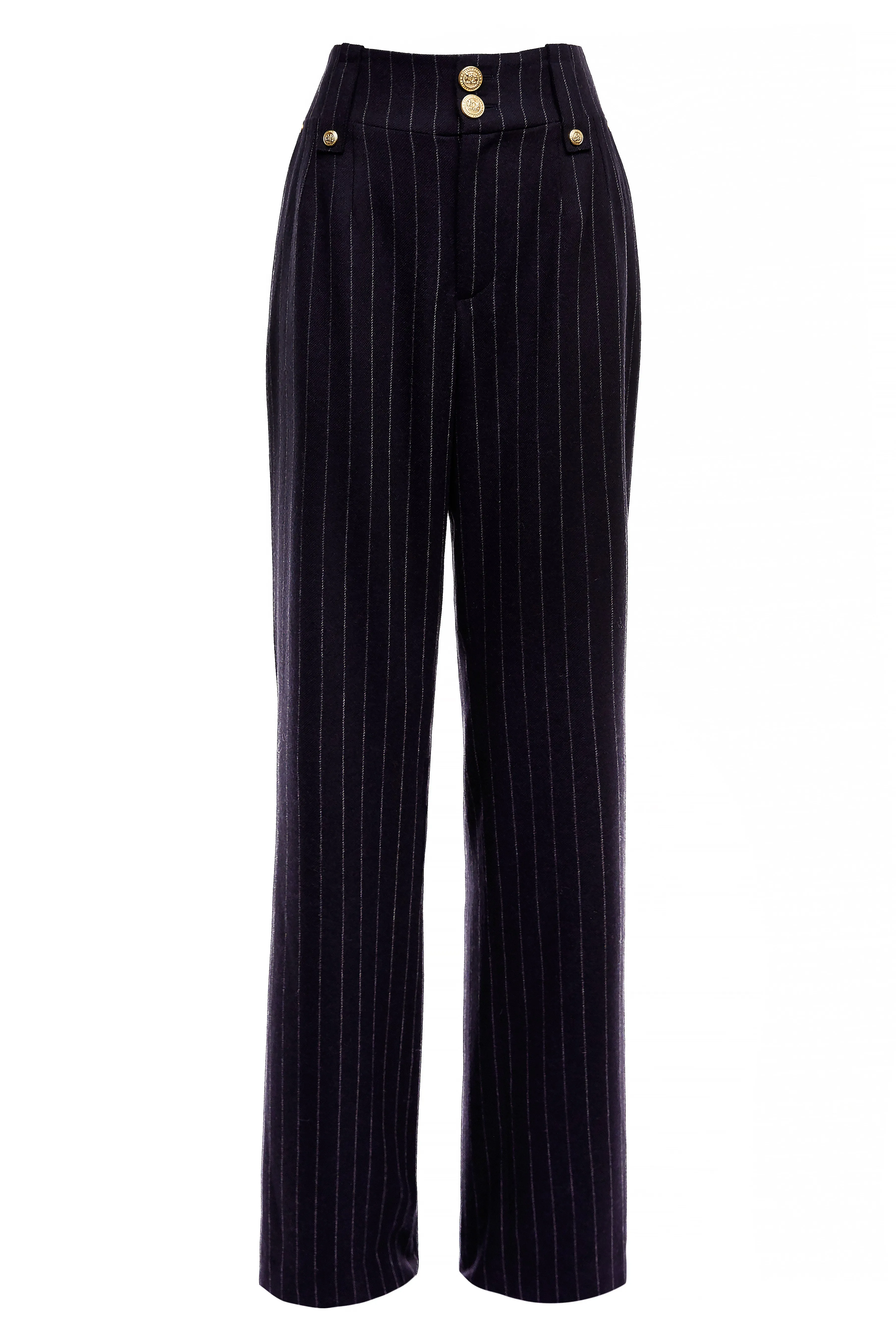 High Waisted Straight Trouser (Navy Chalk Pin Stripe)