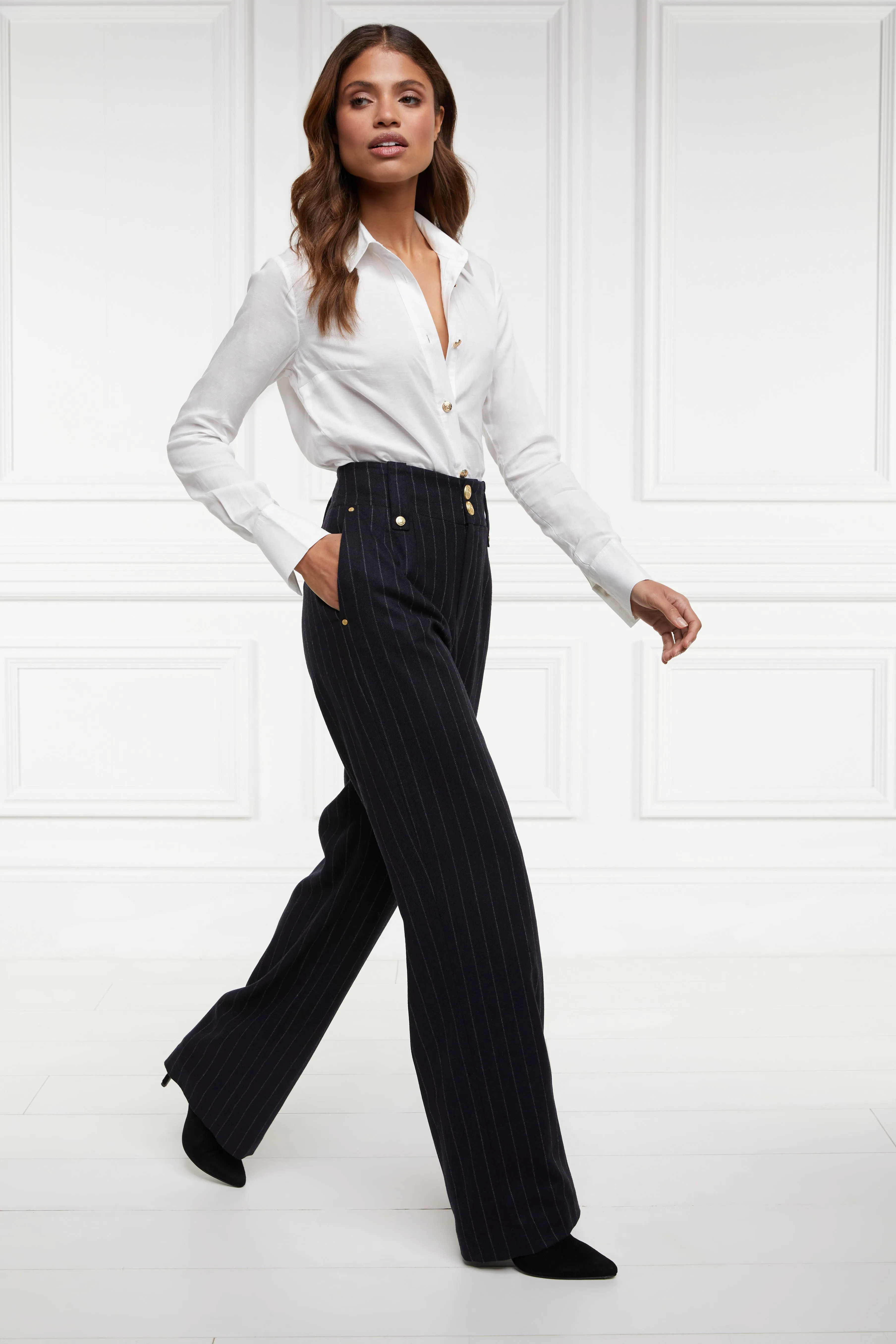 High Waisted Straight Trouser (Navy Chalk Pin Stripe)