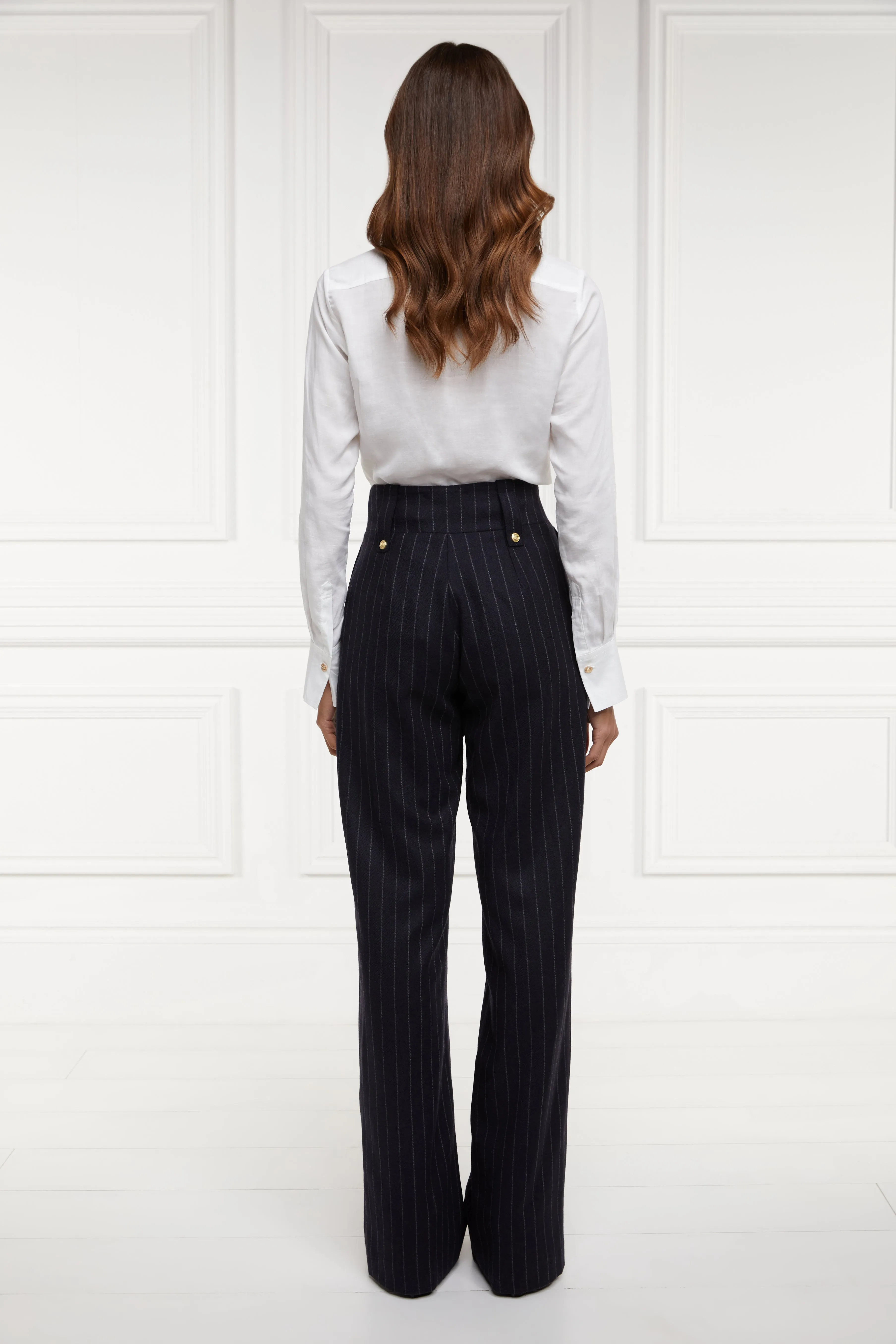 High Waisted Straight Trouser (Navy Chalk Pin Stripe)