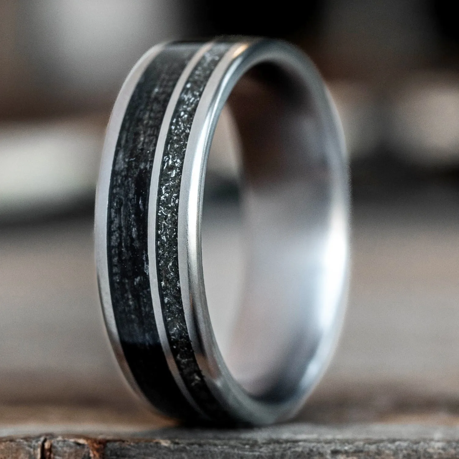 (In-Stock) The Midnight Barrel | Men's Whiskey Barrel, Meteorite Dust, & Titanium Wedding Band - Size 11.25 | 7mm Wide