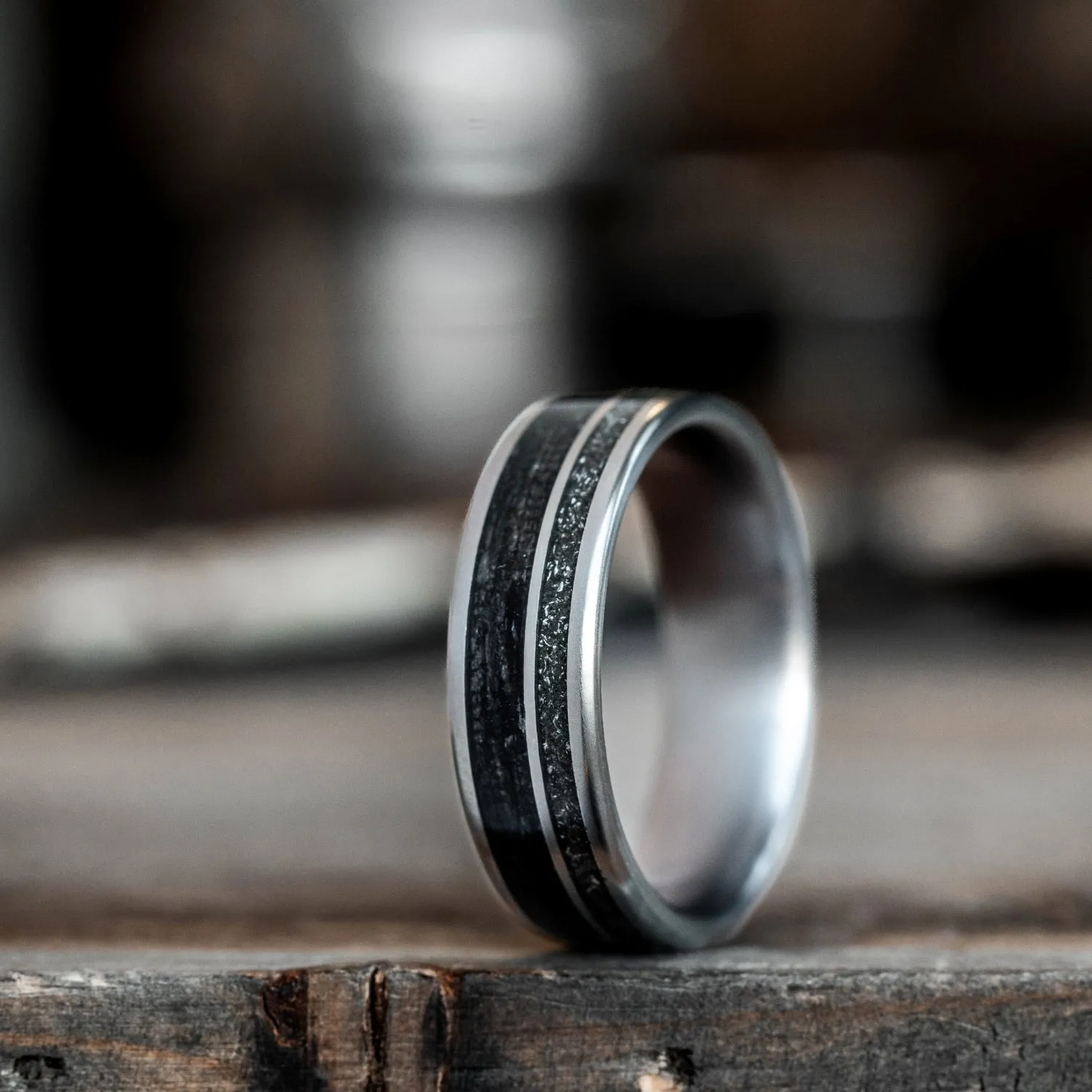 (In-Stock) The Midnight Barrel | Men's Whiskey Barrel, Meteorite Dust, & Titanium Wedding Band - Size 11.25 | 7mm Wide