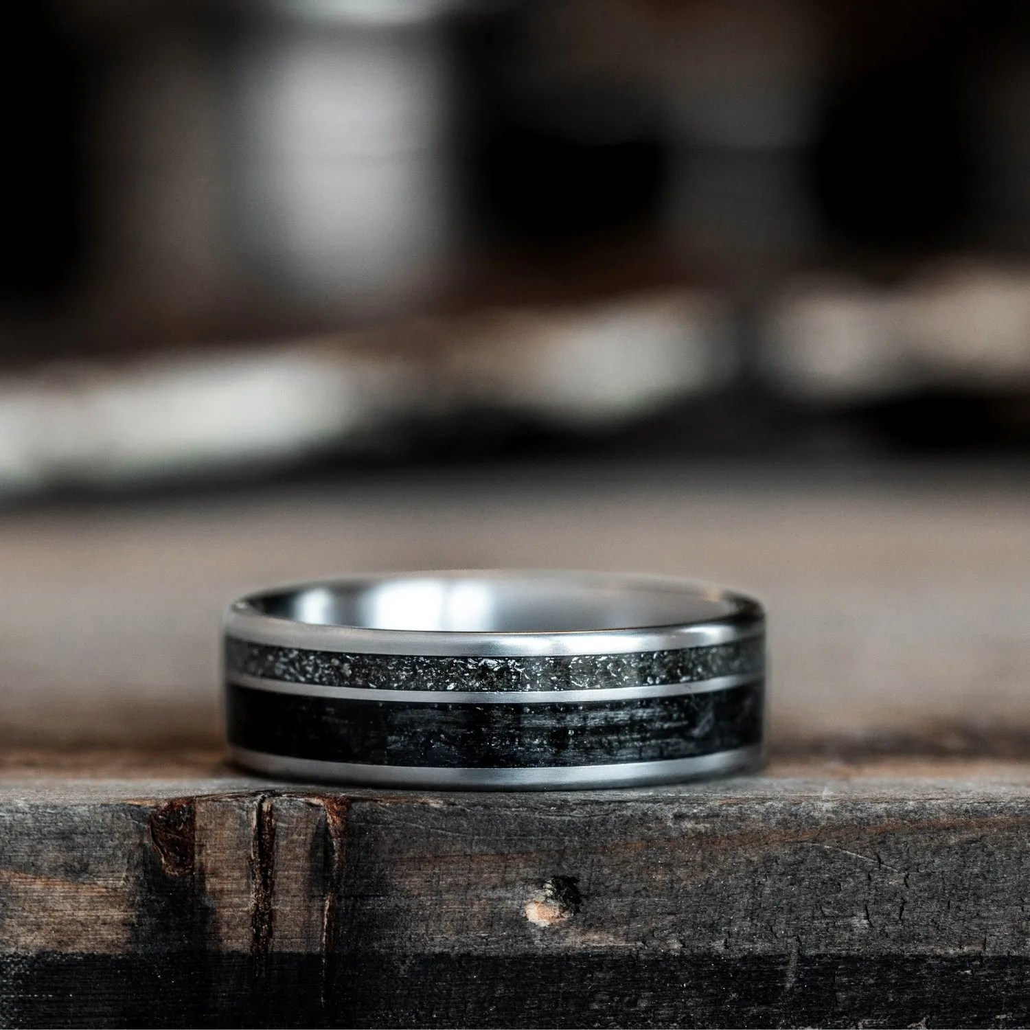 (In-Stock) The Midnight Barrel | Men's Whiskey Barrel, Meteorite Dust, & Titanium Wedding Band - Size 11.25 | 7mm Wide