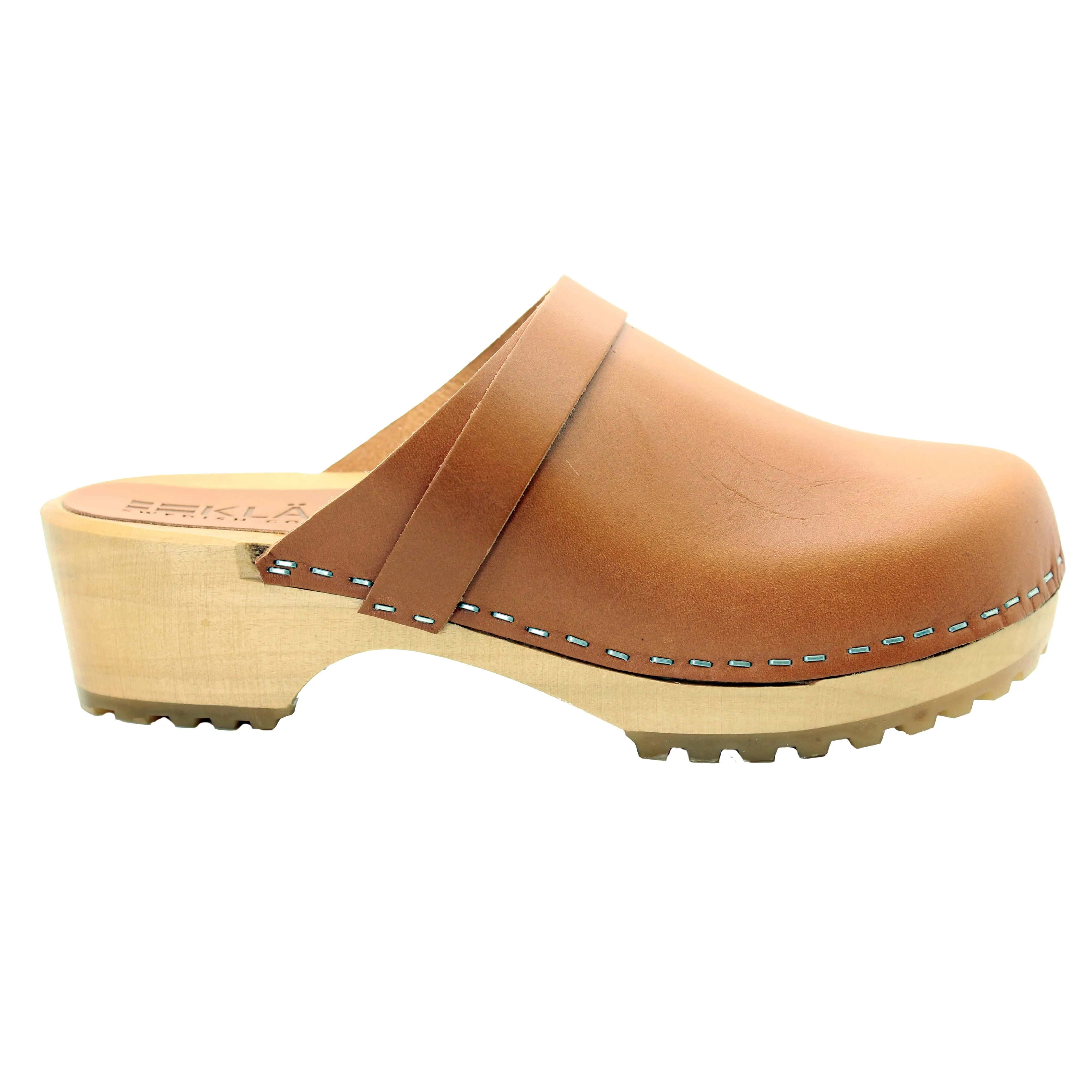 KLÄGN Tuva Wood Open Back Grip Caramel Veg Tan Leather Clogs