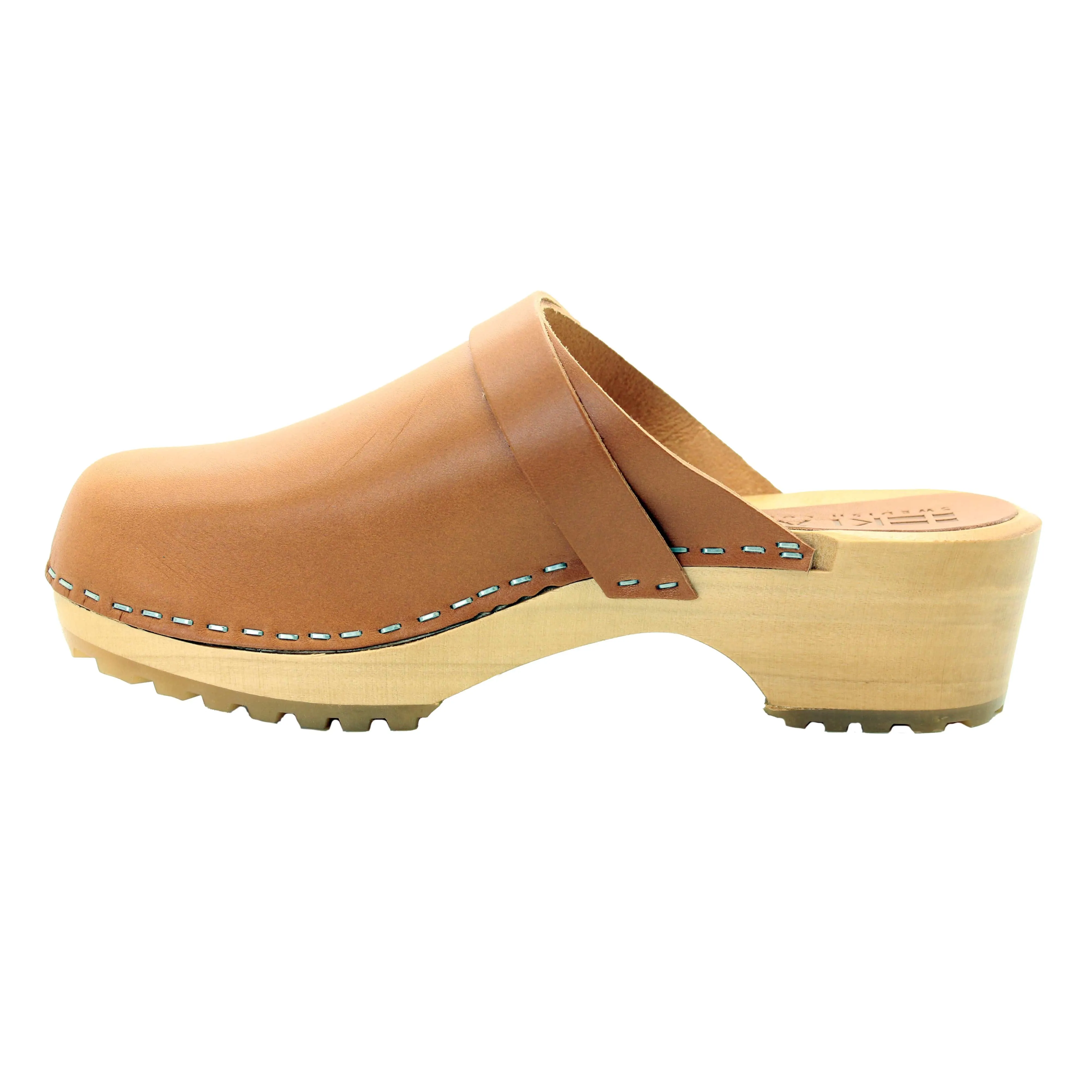 KLÄGN Tuva Wood Open Back Grip Caramel Veg Tan Leather Clogs