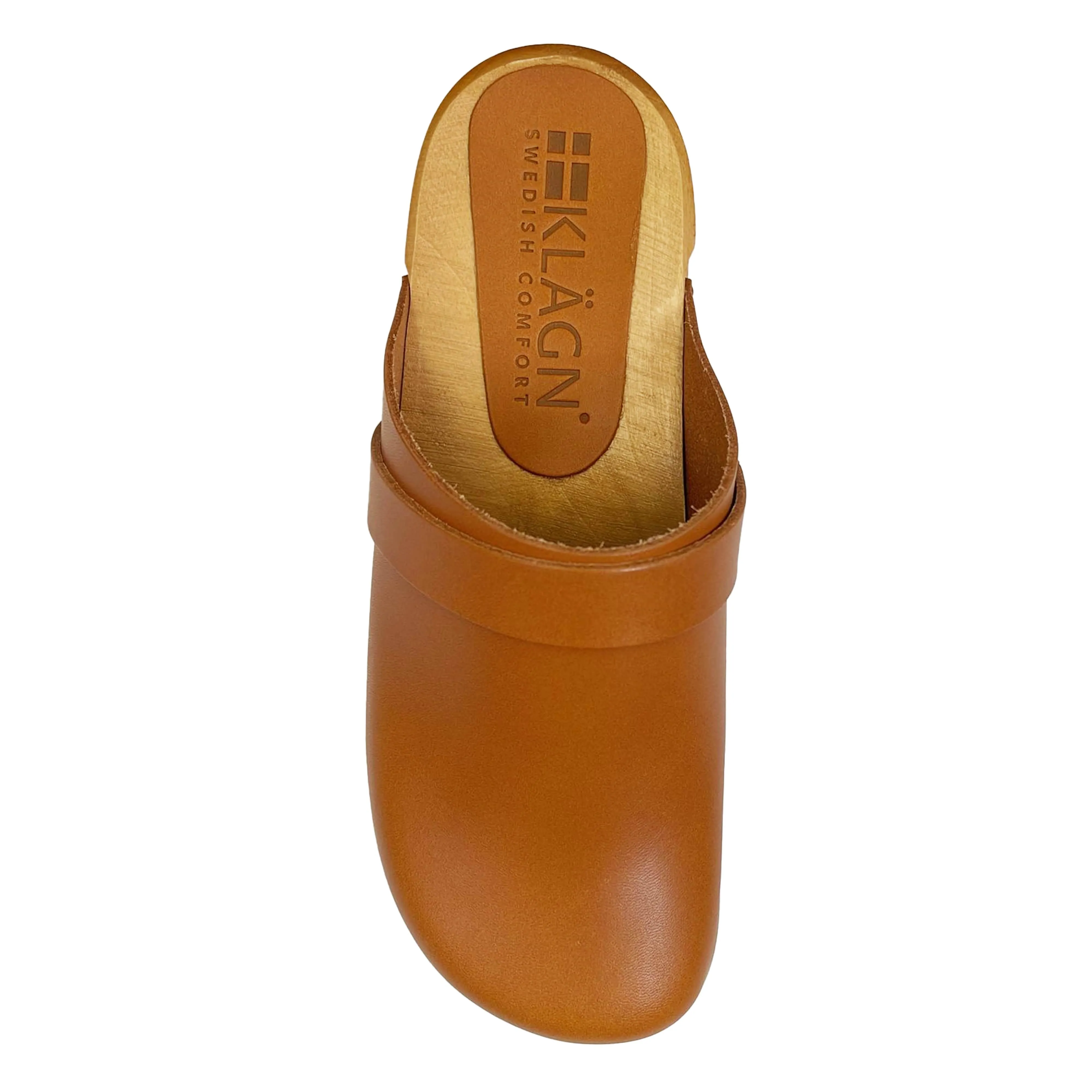 KLÄGN Tuva Wood Open Back Grip Caramel Veg Tan Leather Clogs