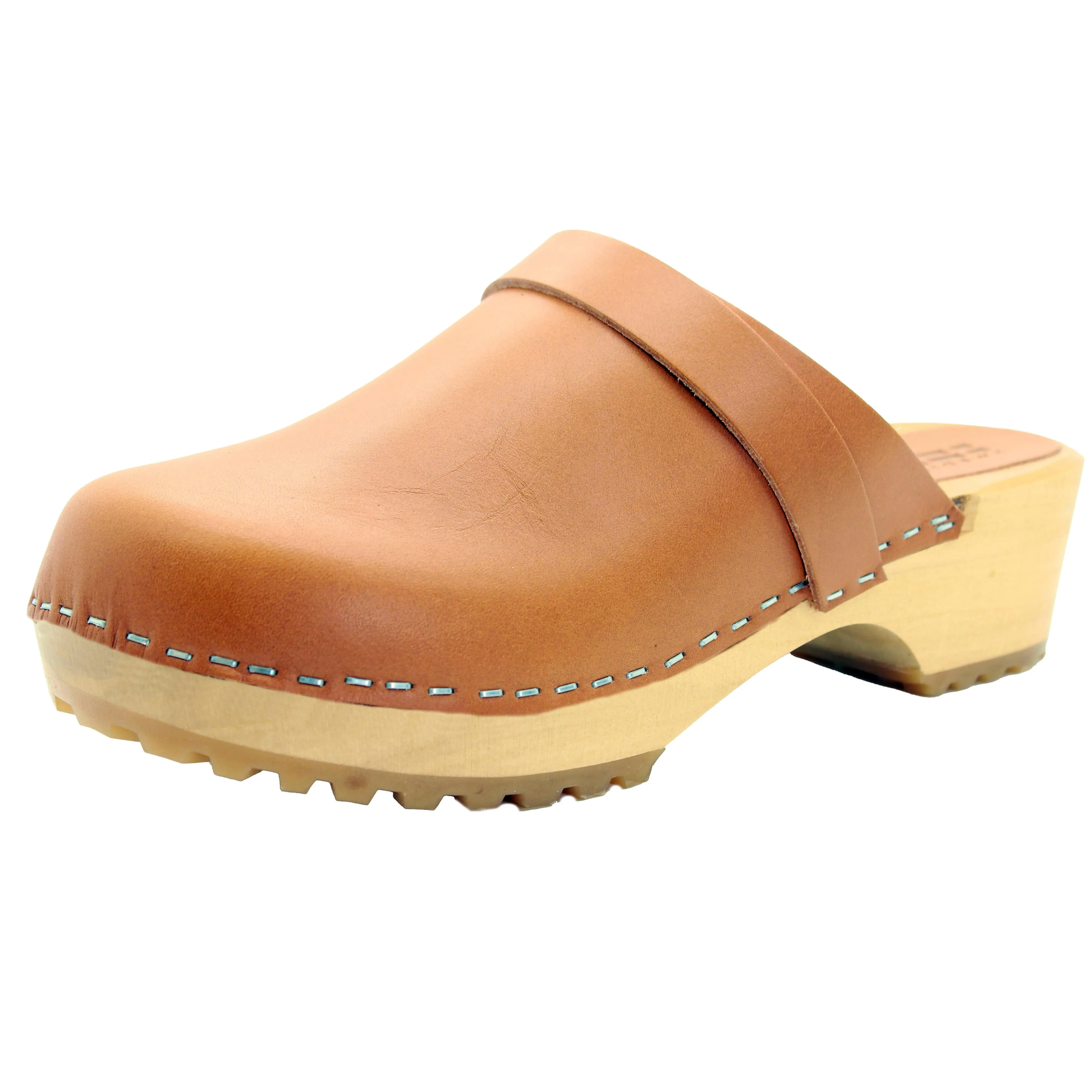 KLÄGN Tuva Wood Open Back Grip Caramel Veg Tan Leather Clogs