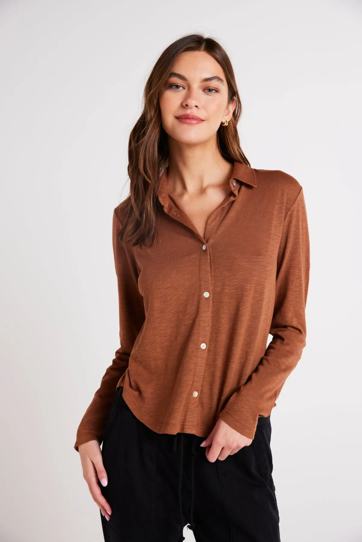 Long Sleeve Knit Button Down - Twilight Gold