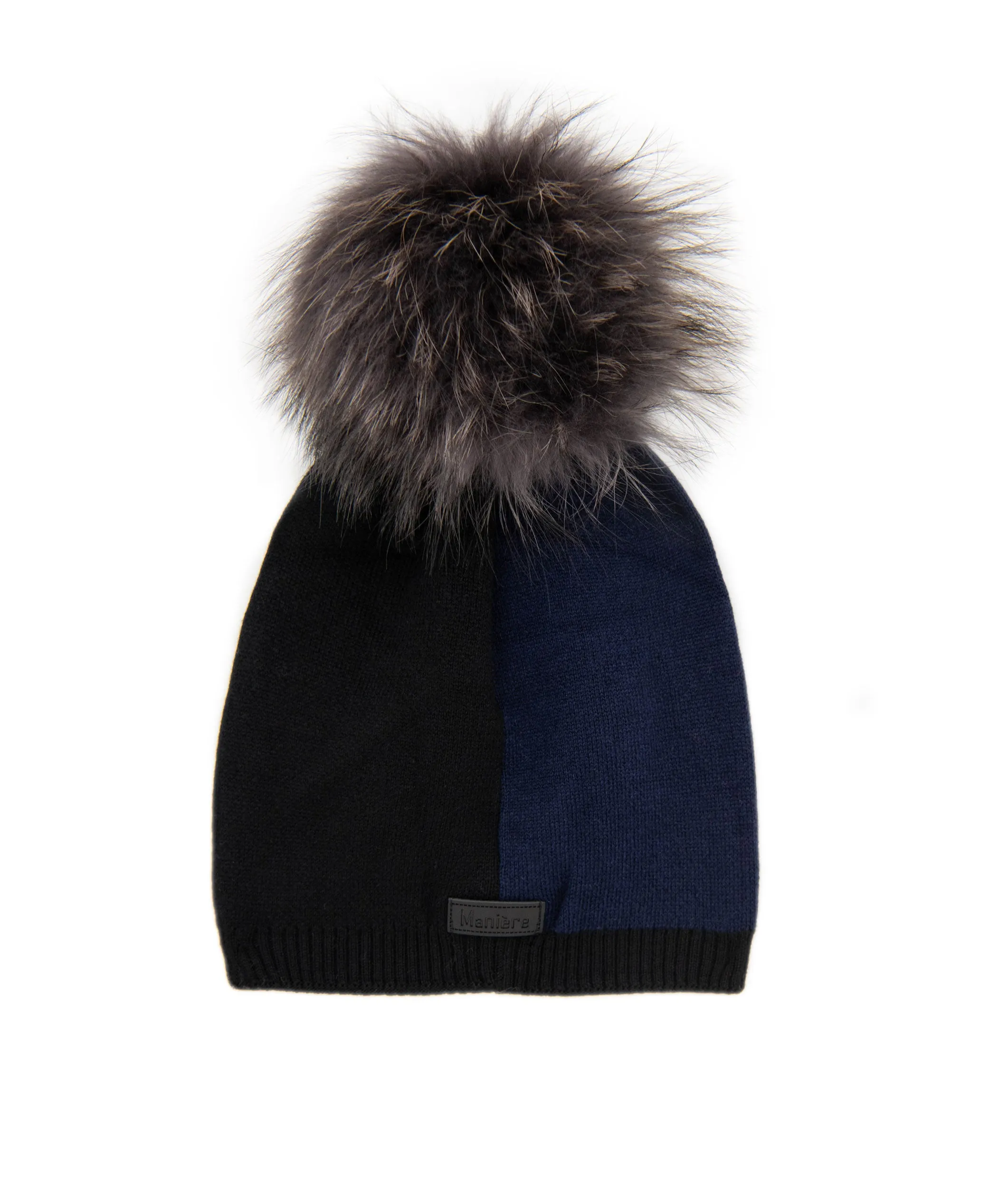 Maniere Navy/Black Color Block Knit Hat With Charcoal Pom