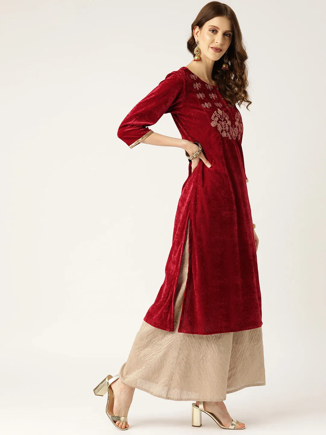 Maroon Zari Embroidered Velvet Kurta