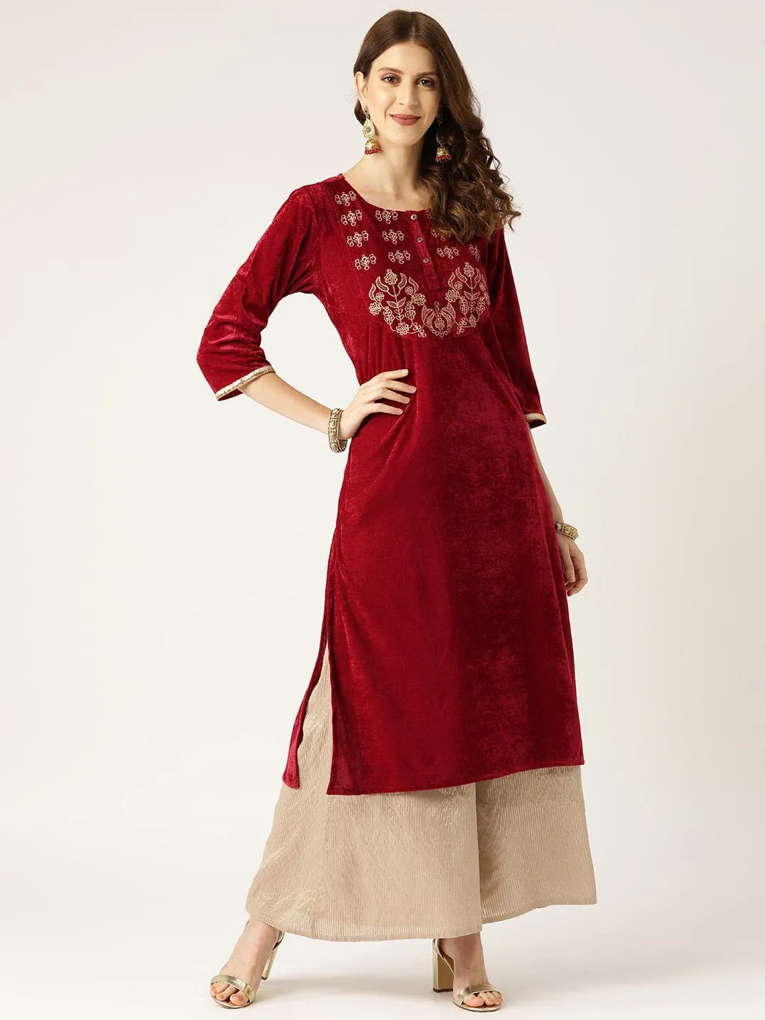 Maroon Zari Embroidered Velvet Kurta