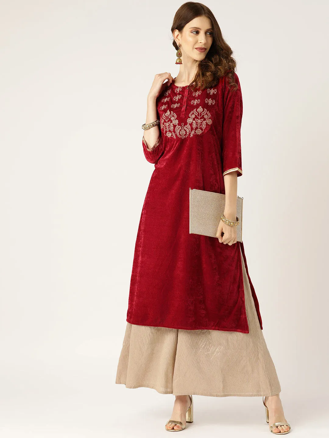 Maroon Zari Embroidered Velvet Kurta