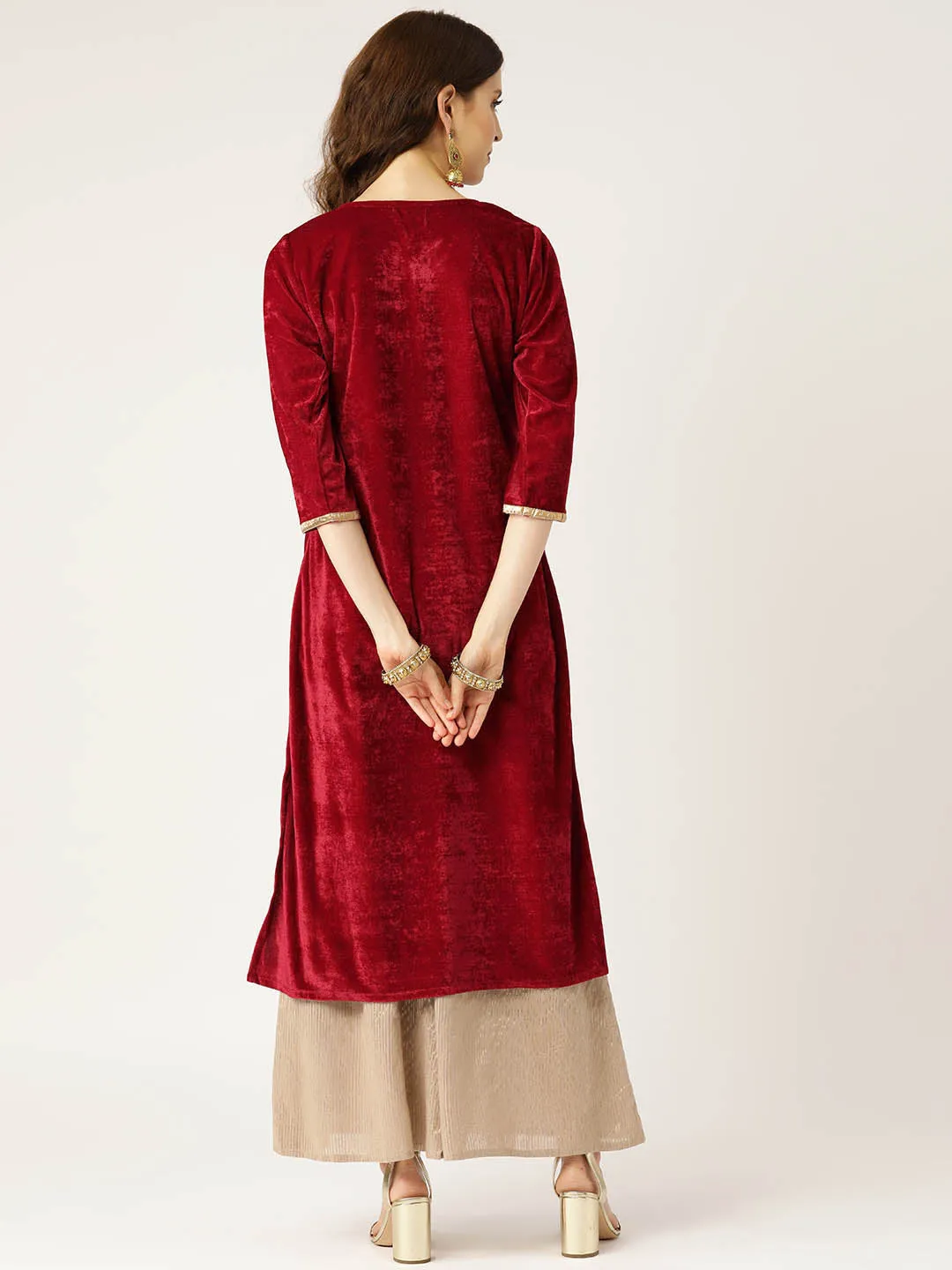 Maroon Zari Embroidered Velvet Kurta