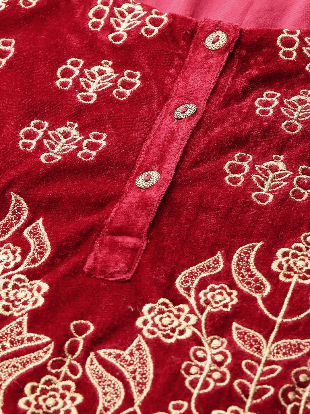 Maroon Zari Embroidered Velvet Kurta