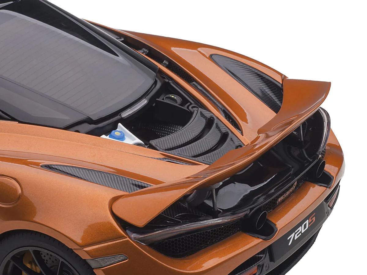 McLaren 720S Azores Orange Metallic with Black Top and Carbon Accents 1/18 Model Car by Autoart