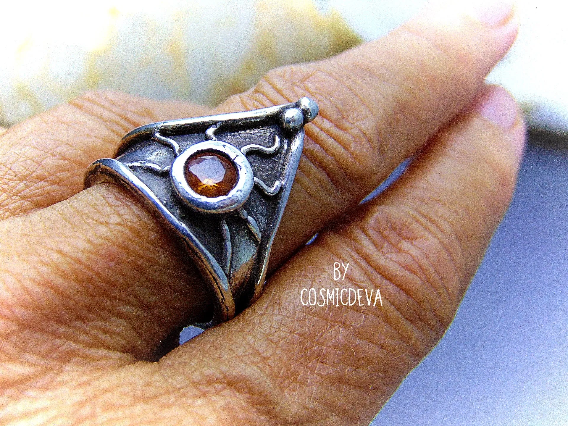 Medieval Triangle Shield Sterling Silver Citrine Size US 7.5 Ring