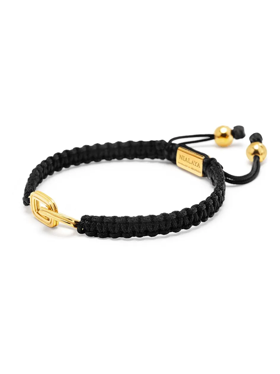 Men's Black String Bracelet with Gold Interlocking Rings