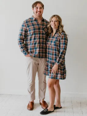 Men's Button Up Shirt - Navy Golden Plaid