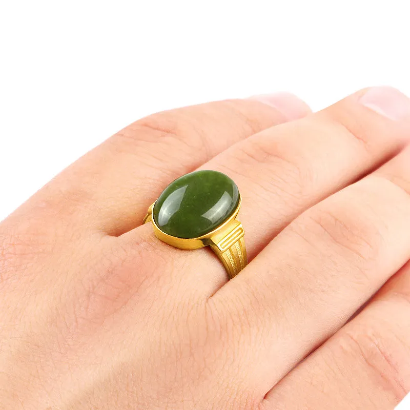 Men's Ring in 10k Yellow Gold with Green Agate Natural Stone