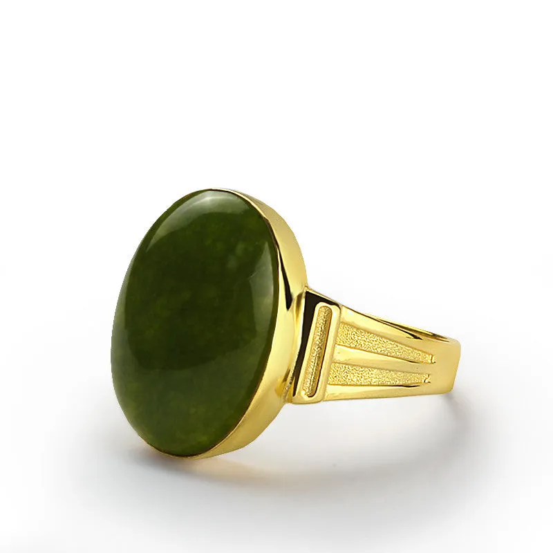 Men's Ring in 10k Yellow Gold with Green Agate Natural Stone