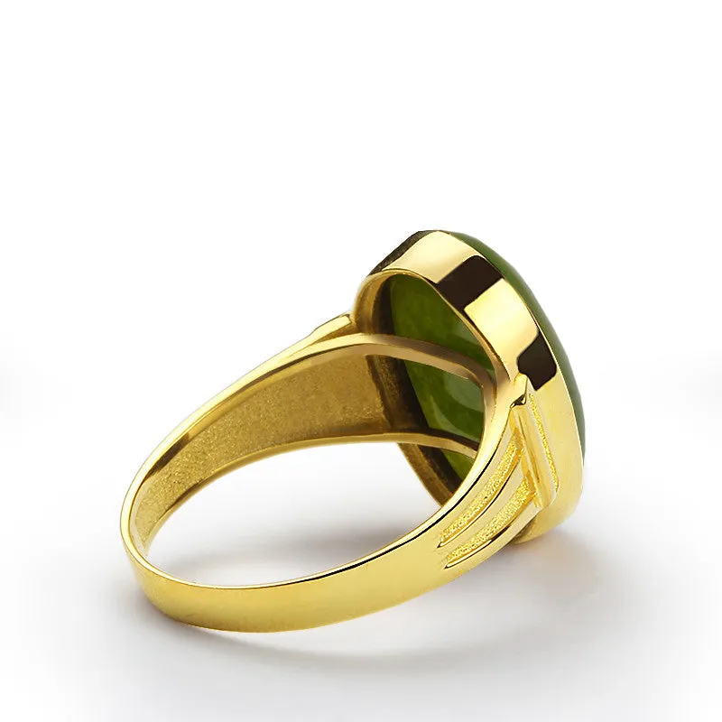 Men's Ring in 10k Yellow Gold with Green Agate Natural Stone