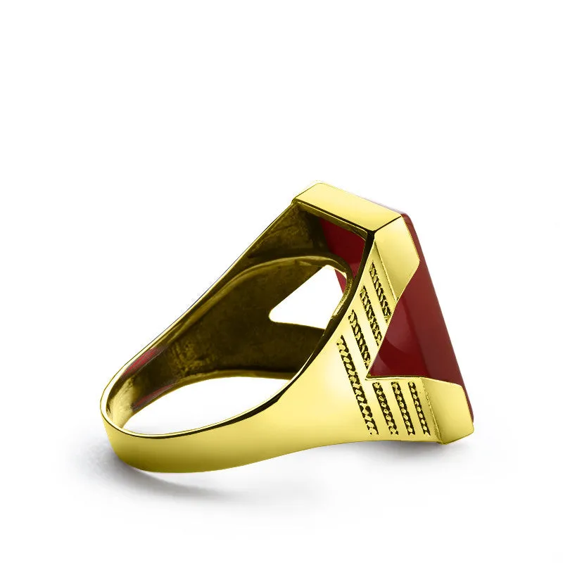 Men's Statement Ring in 14k Yellow Gold with Natural Red Agate Stone