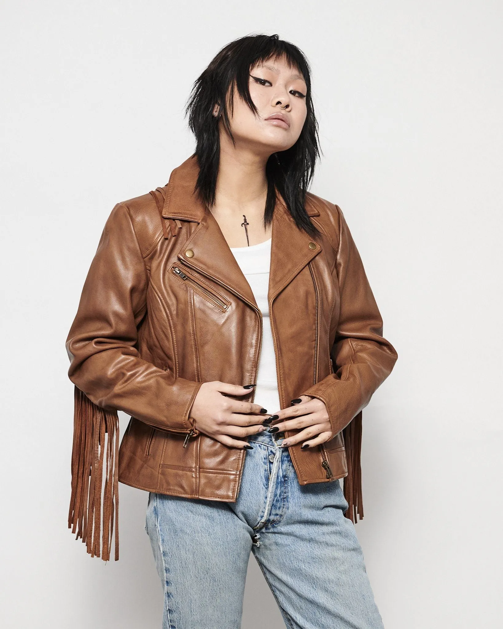 MODERN VICE FRINGE MOTO JACKET IN SADDLE BROWN