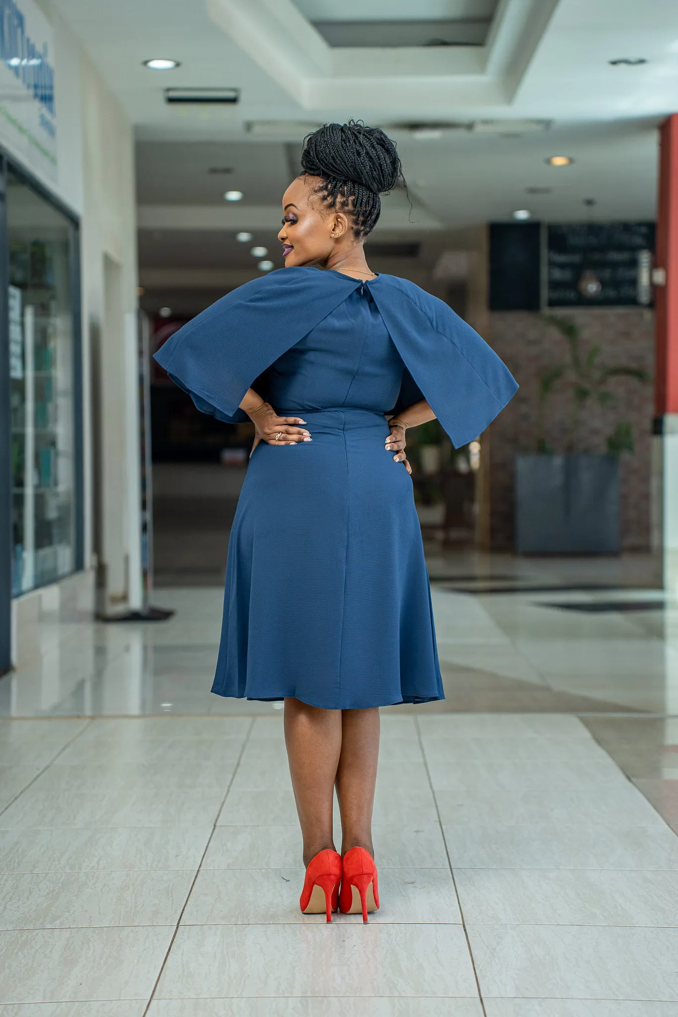 Navy cape belt dress