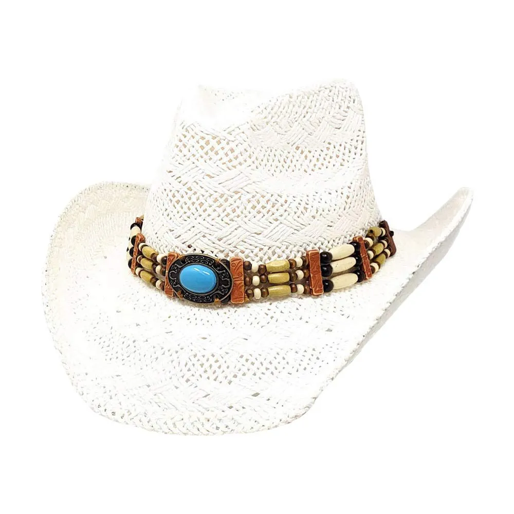 Oval Turquoise Stone Pointed Wood Beaded Straw Cowboy Hat