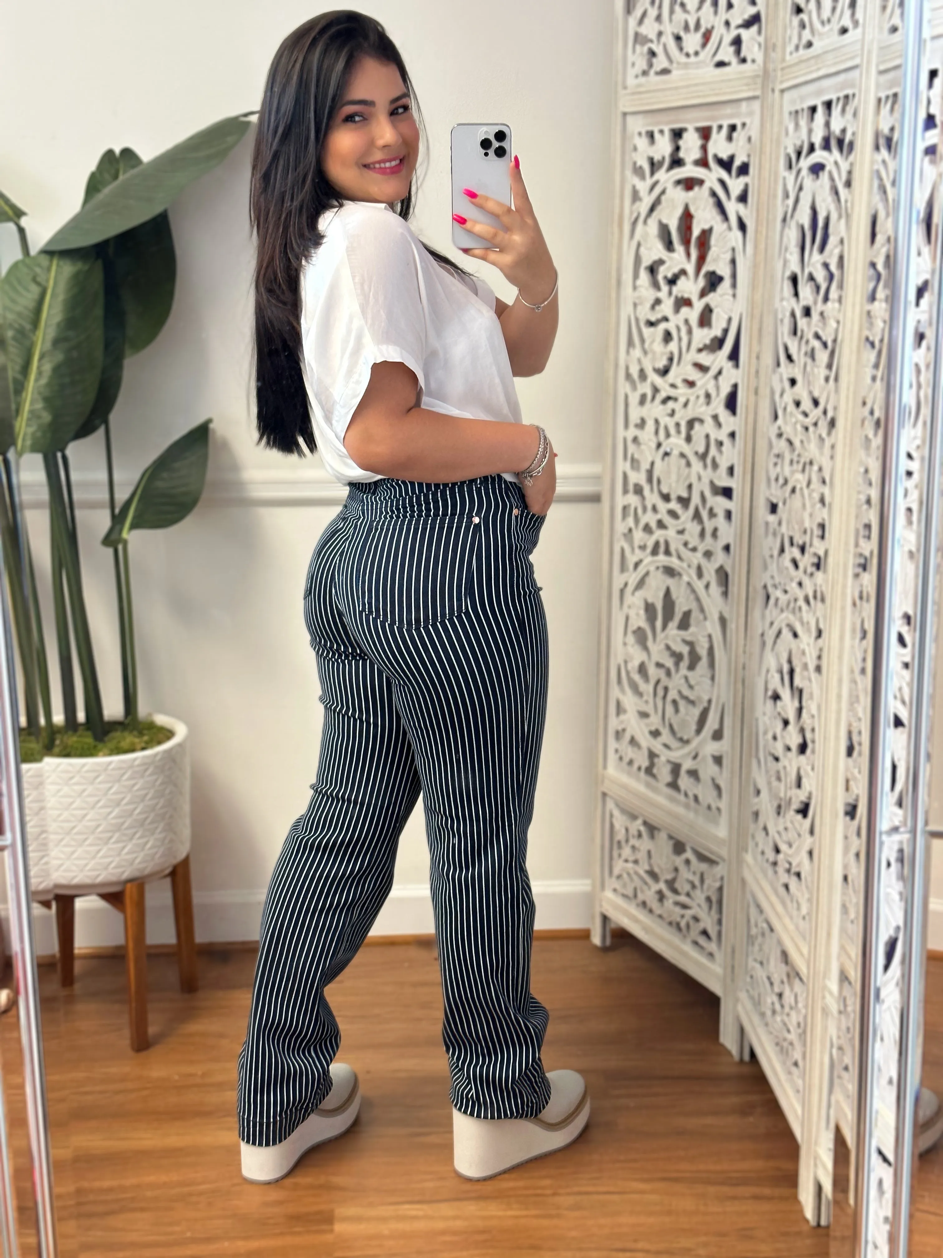 #P788 Alexia Tummy Control Striped Straight Fit Denim Jeans