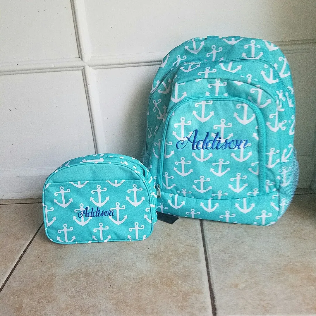 Personalized Aqua Anchors Backpack and Lunch Bag