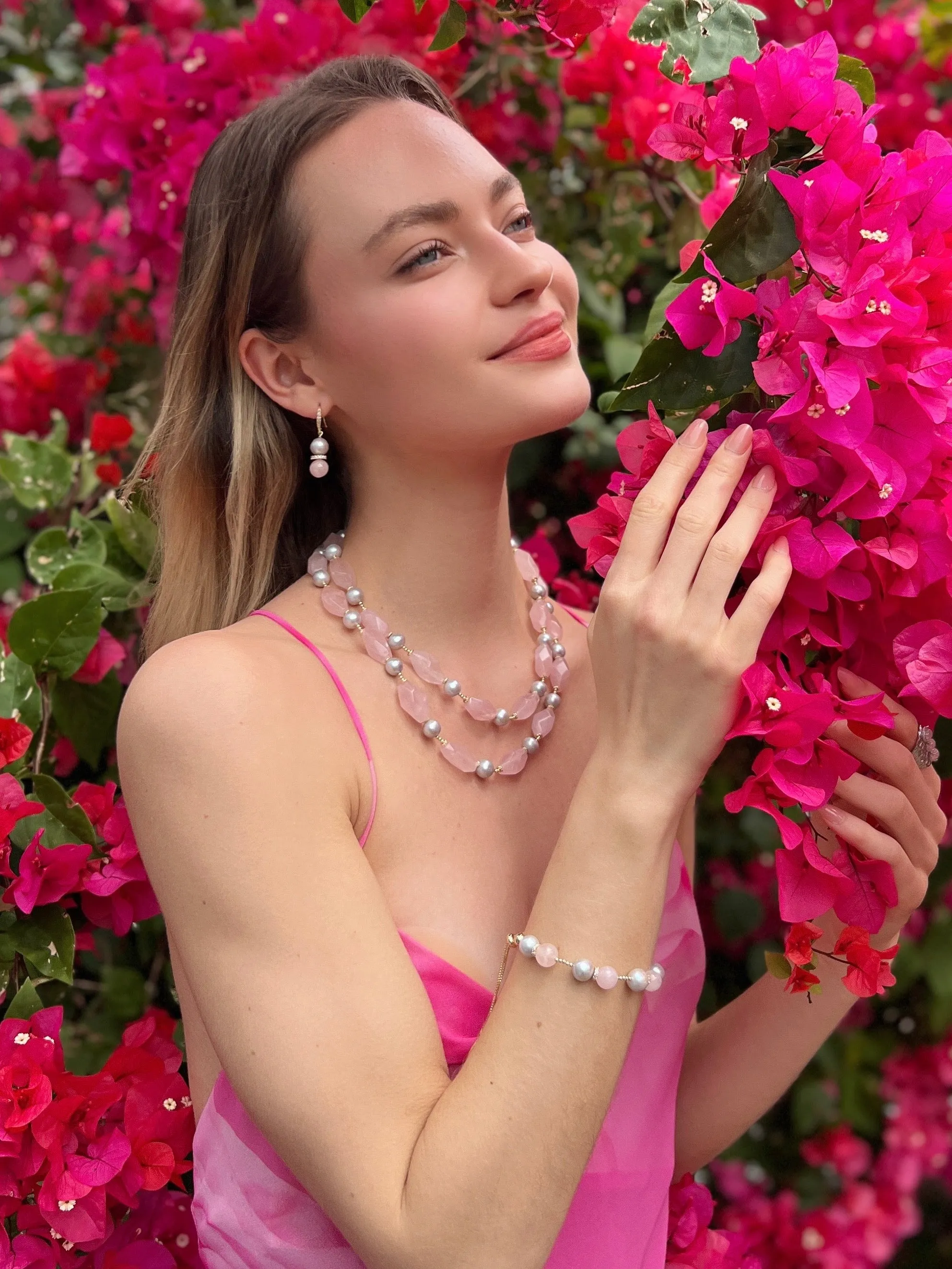 Pink Rose Quartz and Gray Freshwater Pearls Double Layers Necklace LN007