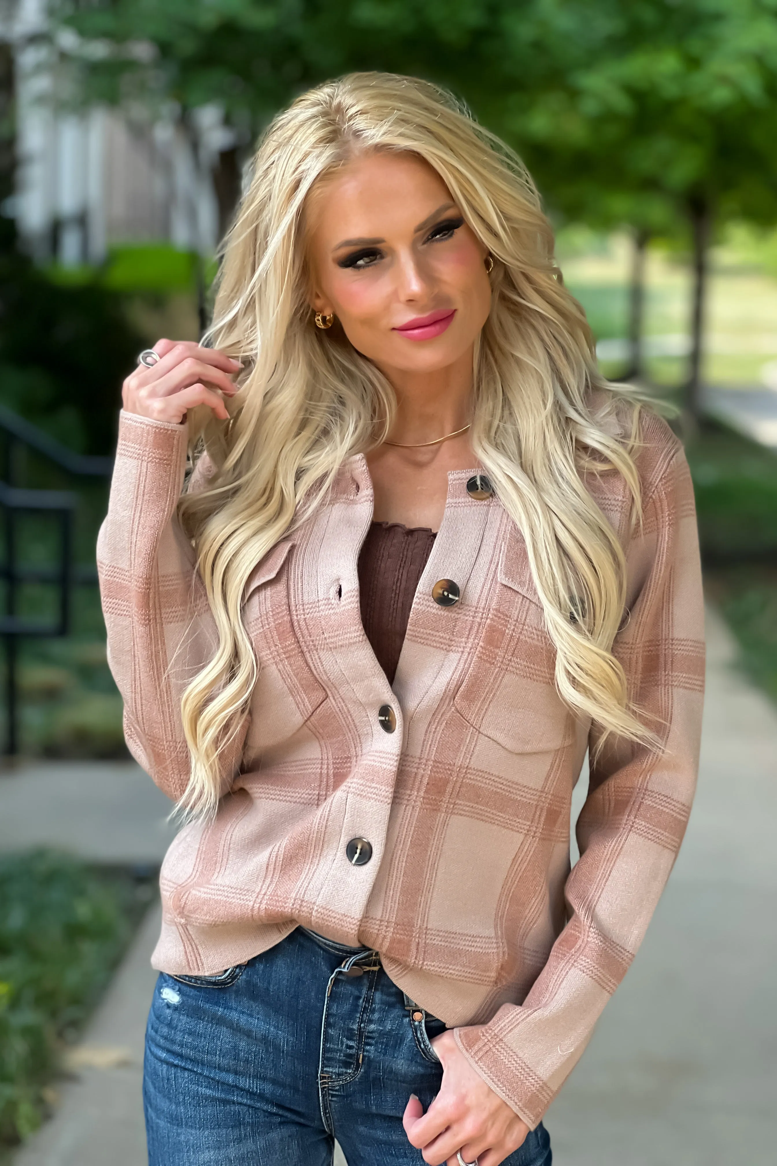 Pumpkin Spice Life Plaid Sweater Shacket : Apricot/Beige