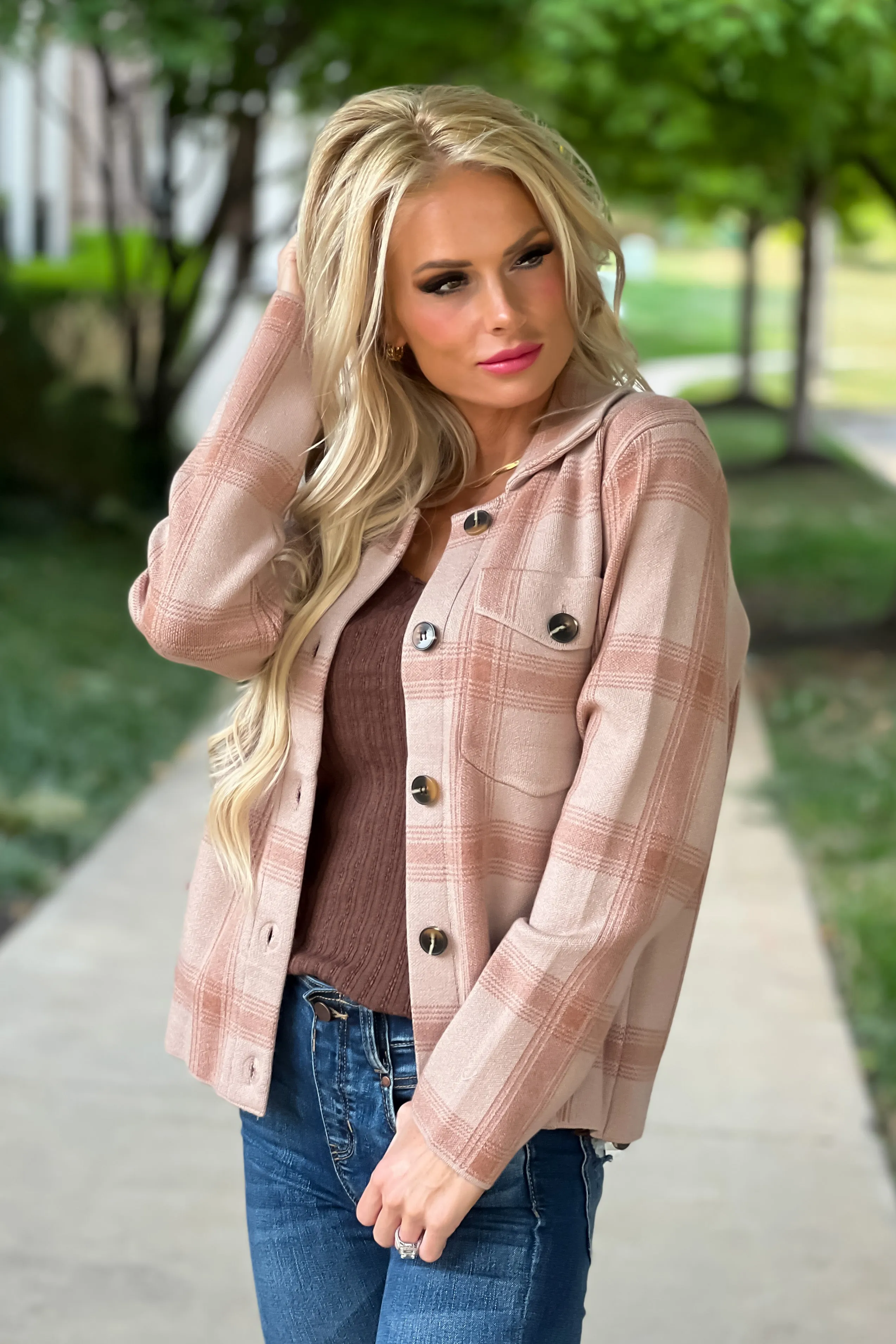 Pumpkin Spice Life Plaid Sweater Shacket : Apricot/Beige