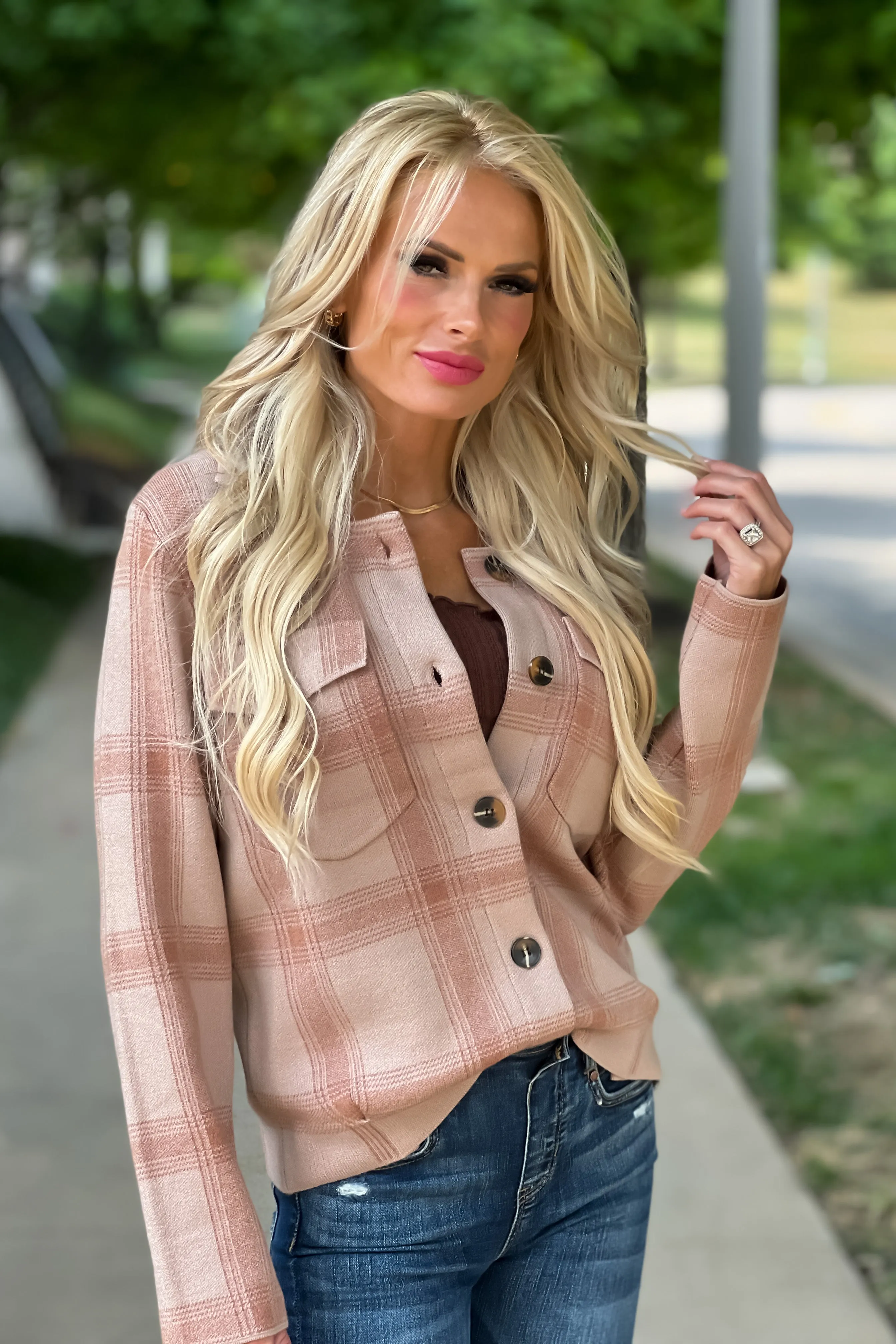 Pumpkin Spice Life Plaid Sweater Shacket : Apricot/Beige