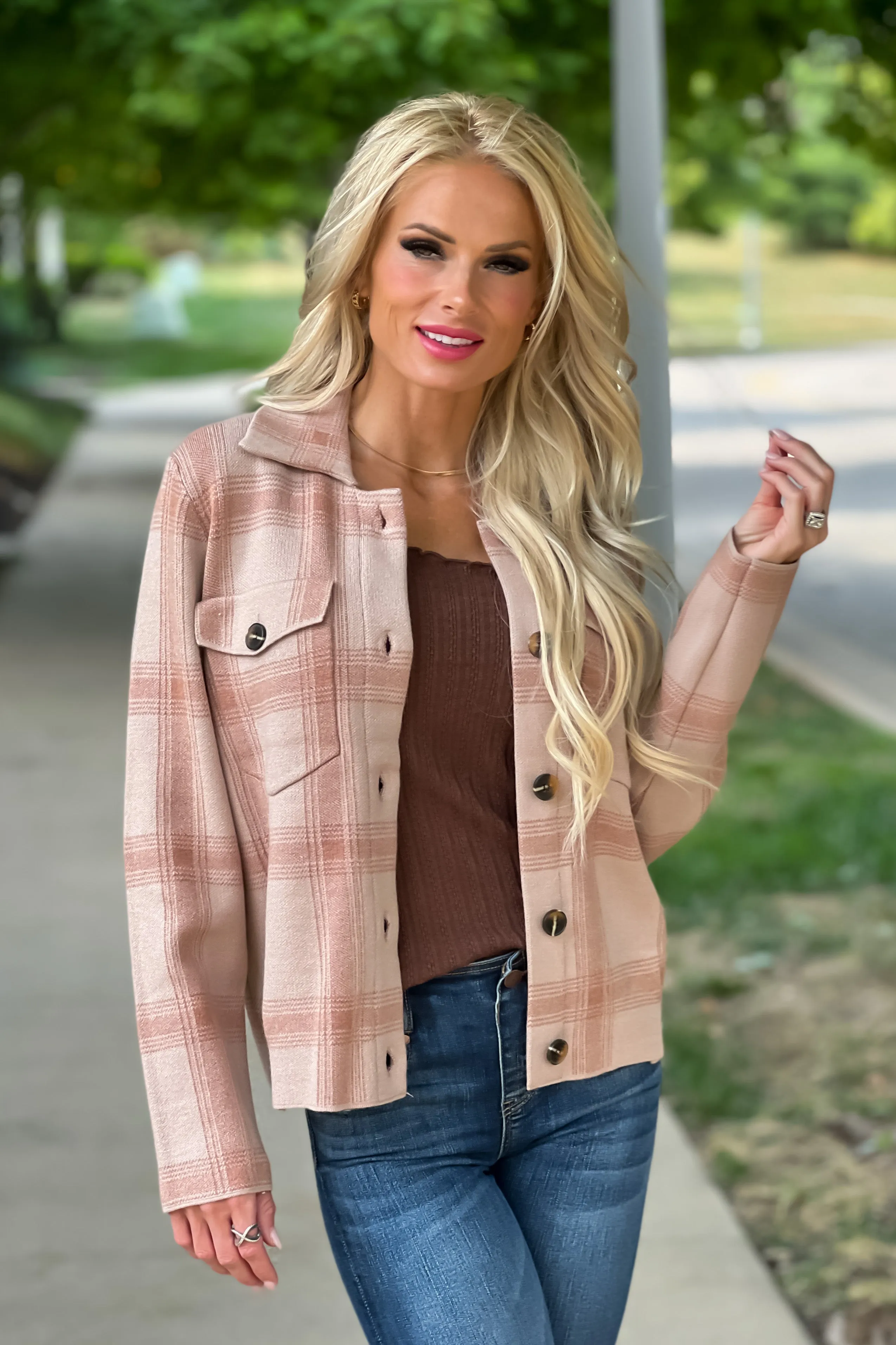 Pumpkin Spice Life Plaid Sweater Shacket : Apricot/Beige