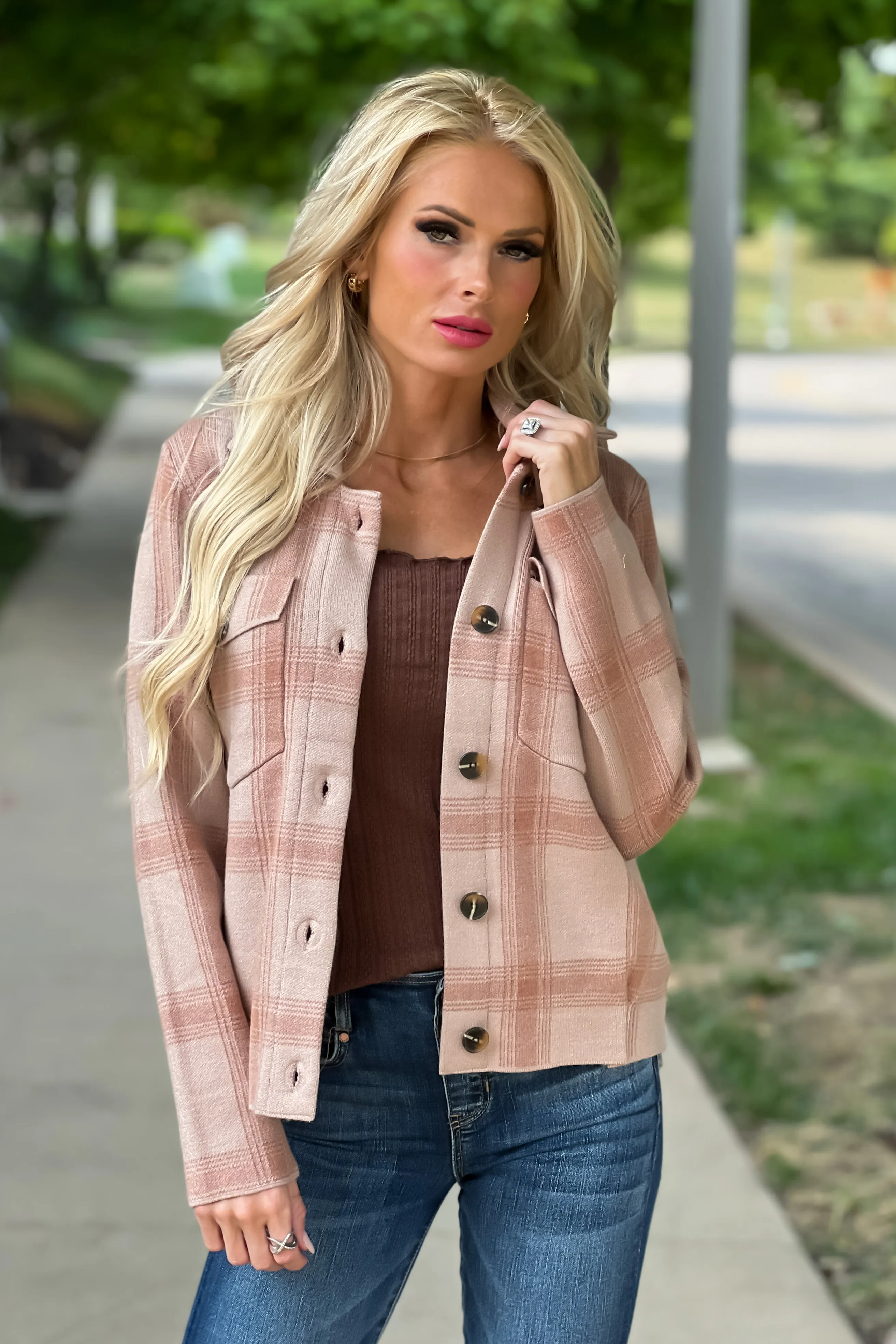 Pumpkin Spice Life Plaid Sweater Shacket : Apricot/Beige