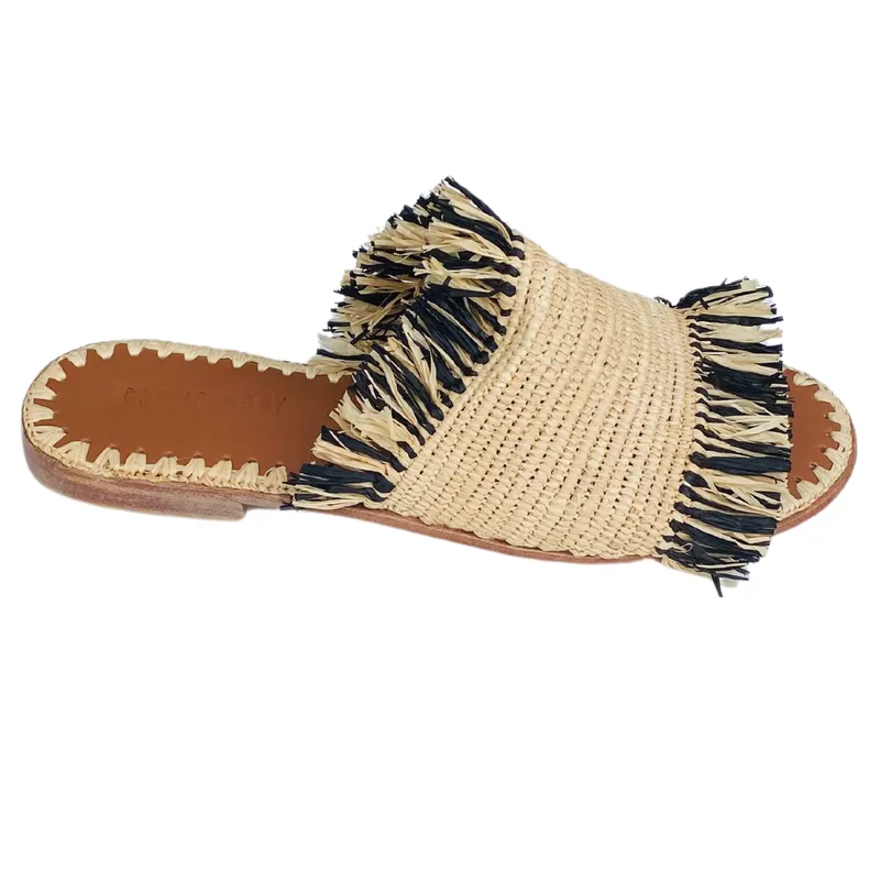 Raffia Fringe Slide (Natural/Black)