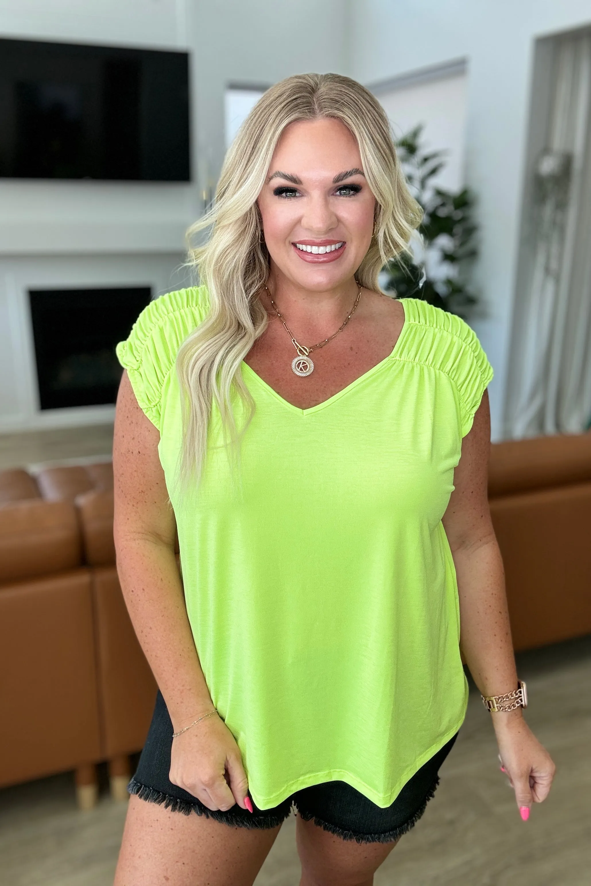 Ruched Cap Sleeve Top in Neon Green