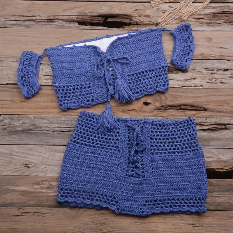 Sexy Strap Hand Crocheting Woven Hollowed Bikini Split Swimsuit