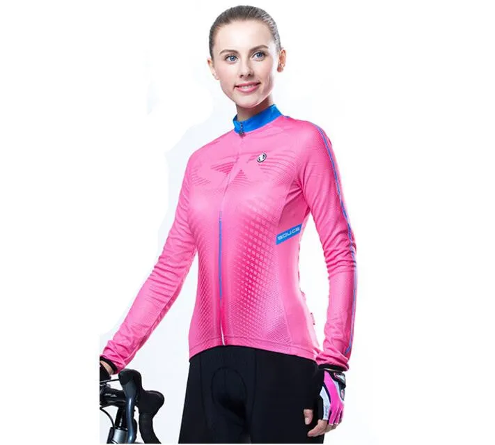 Solid Pink Women Long Sleeve Cycling Jersey