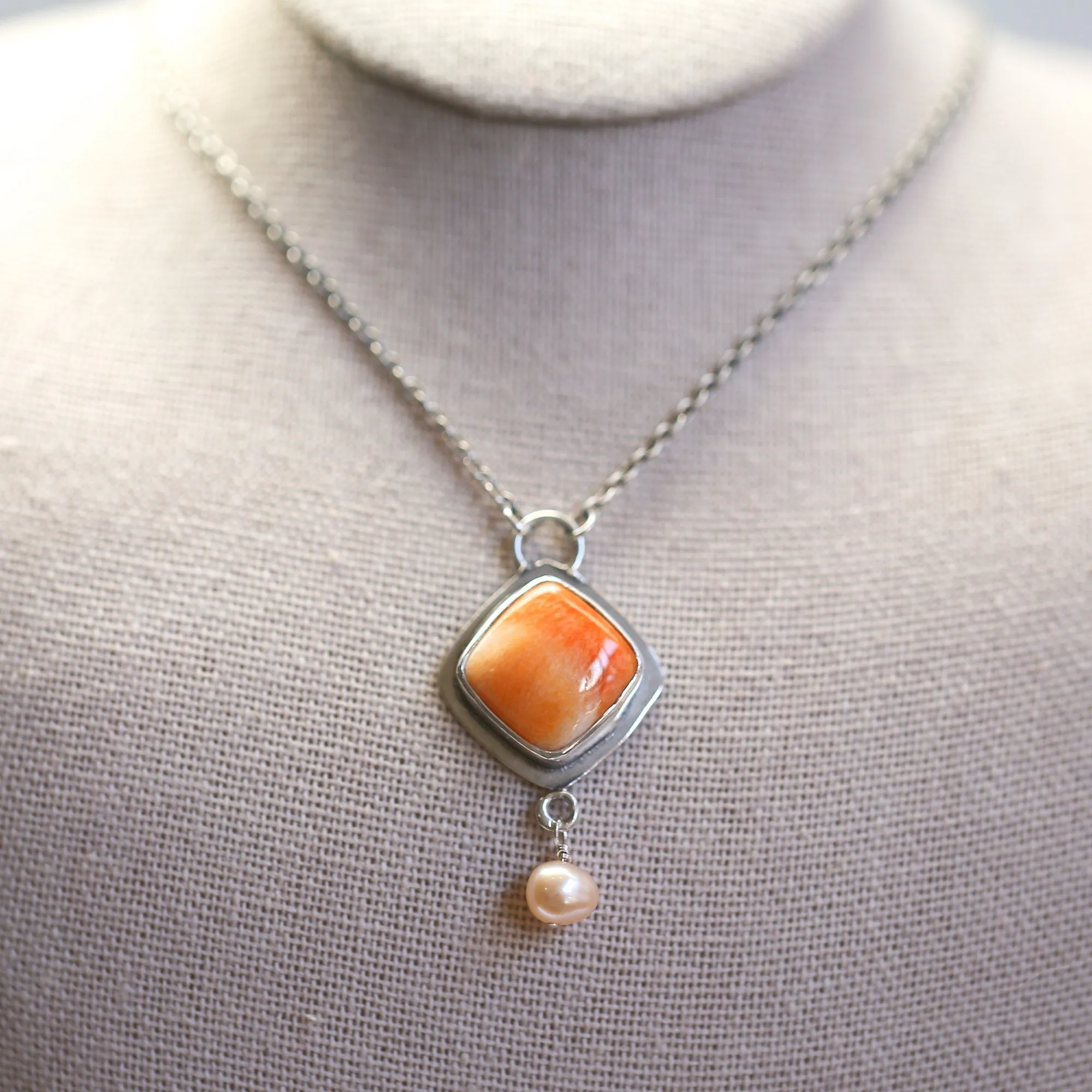 Spiny Oyster Dyna Necklace - Freshwater Pearl Drop - Orange Shell Pendant - .925 Sterling Silver